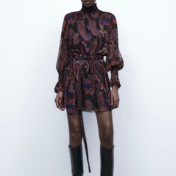 Zara Dresses & Skirts - Zara Black Chiffon Floral Paisley Printed High Neck Mini Dress🪻